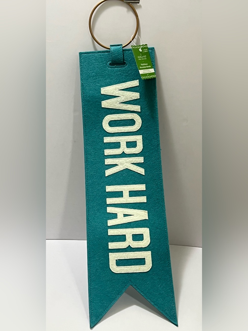 🆕 Ashland WORK HARD Teal Felt Wall Decor Gold Ring Handle